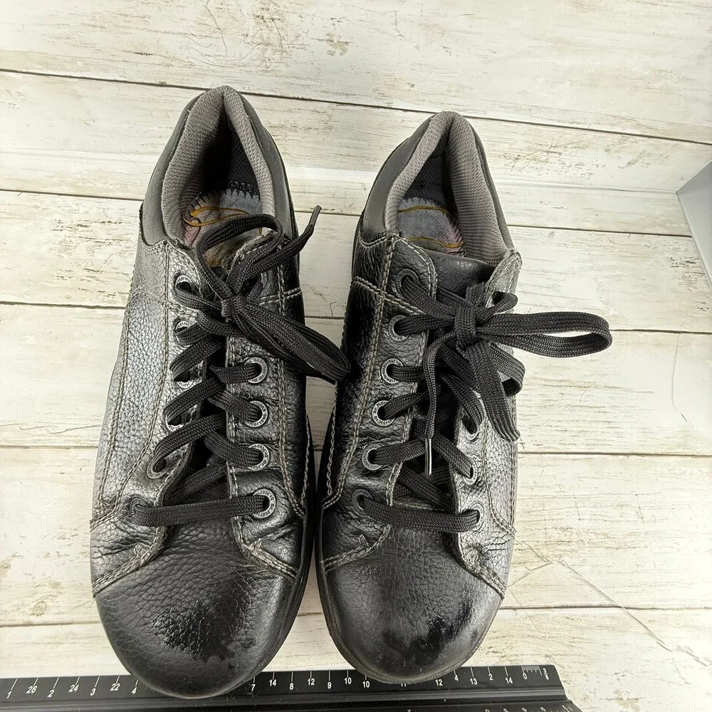 Dr Martens Mens US 10 Black Leather Low Top Lace Up Shoes Yellow Stitching EU 43